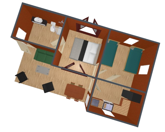 Bois D'Inde 54m2, two bedrooms, a small kitchen, a bathroom, and a living room immersed in nature.